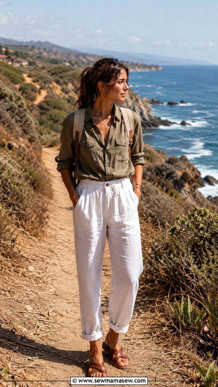 White Linen Pants With Green Utility Shirt - 30 Linen pants outfit ideas for beach