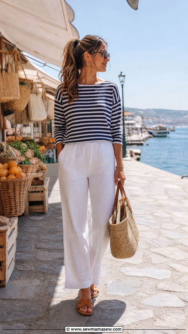 White Linen Pants With Striped Top And Sandals - 35 linen pants outfit ideas