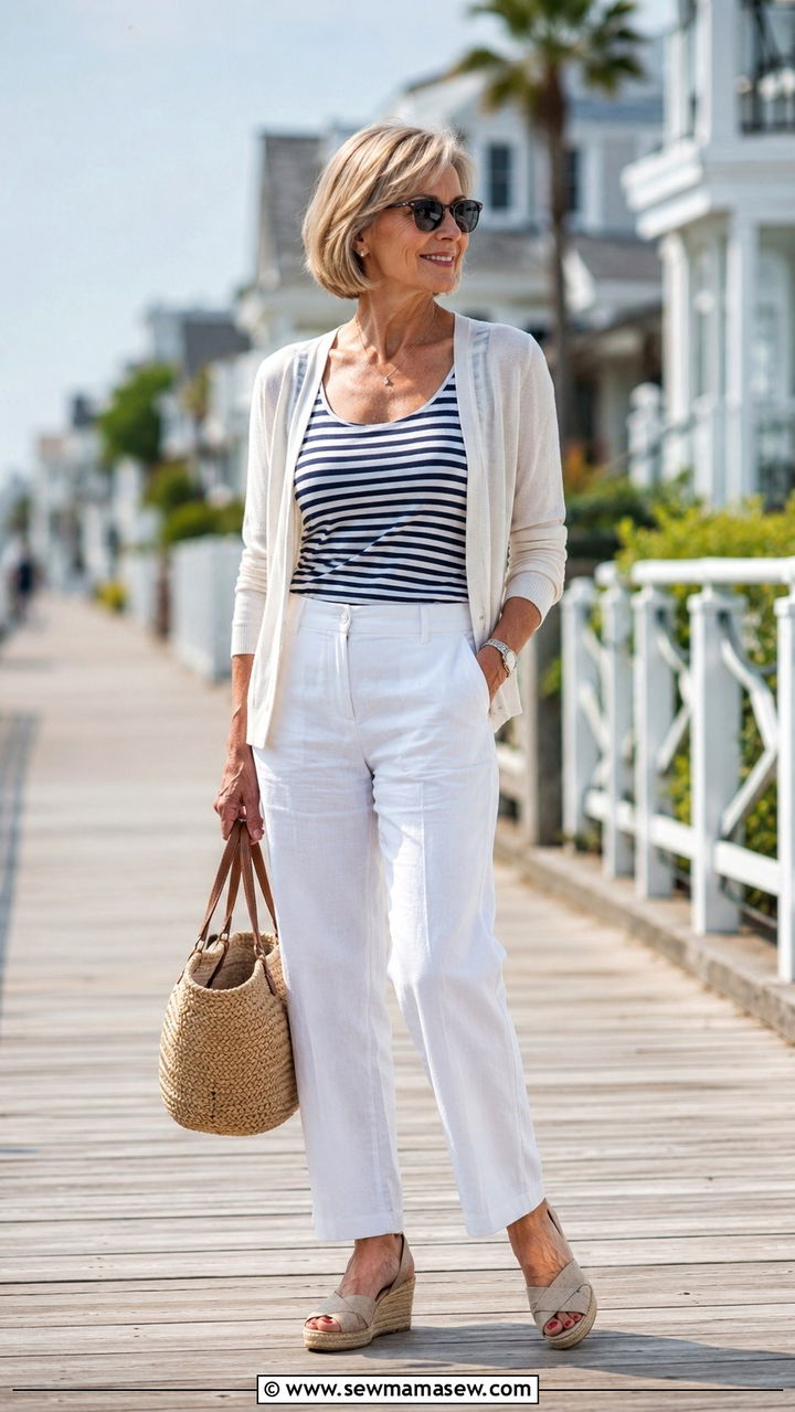 White Linen Pants With a Striped Tank and Cotton Cardigan - 30 Petite outfits for women over 50