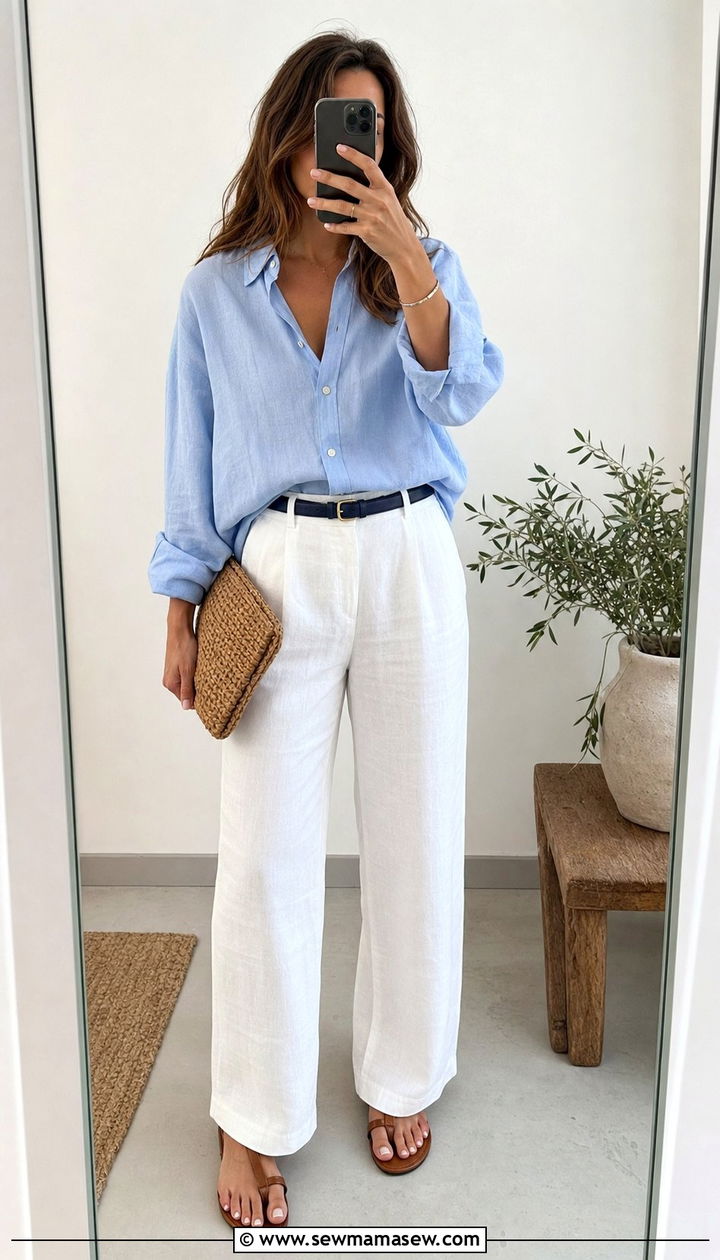 White Linen Pants and Blue Button Down - 25 summer outfit ideas Pinterest