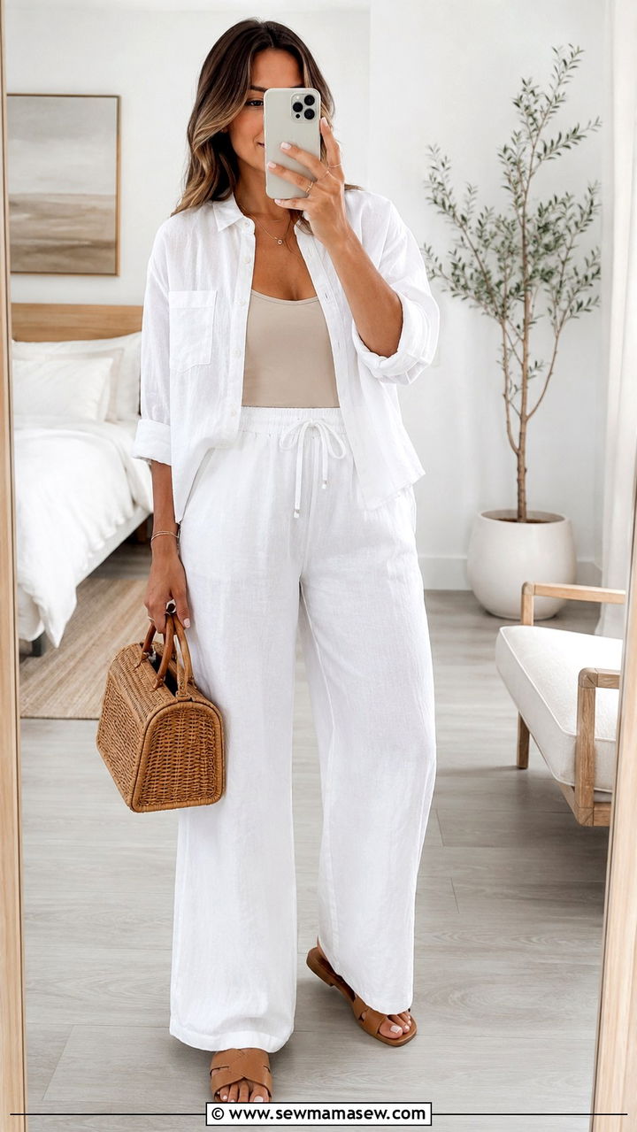 White Linen Pants and Linen Button Down Shirt - 25 White linen pants outfit ideas