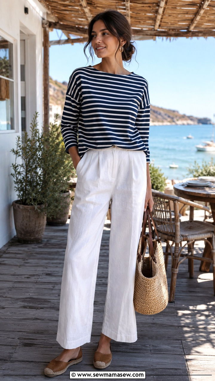 White Linen Pants and Striped Boatneck Tee Outfit - 30 brunch outfits ideas