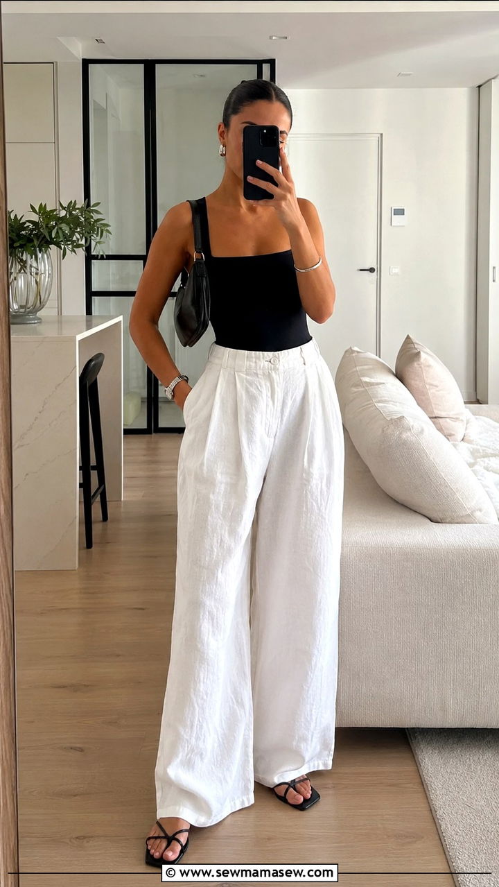 White Linen Pants with Black Bodysuit and Sandals - 30 Linen pants outfit ideas with sandals