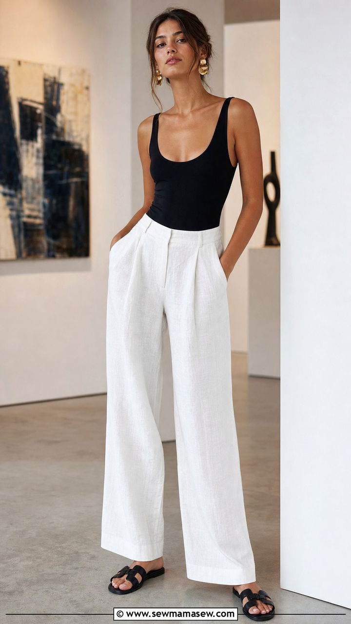 White Linen Pants with Black Bodysuit - 25 summer linen pants outfit ideas