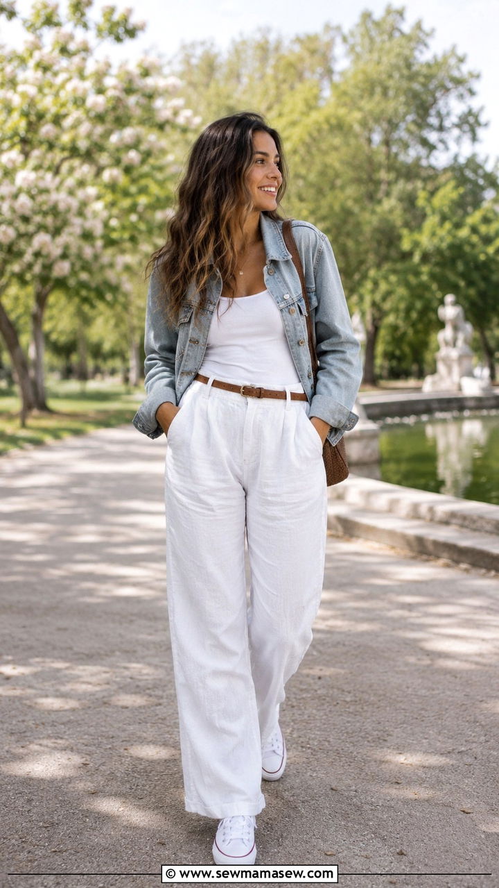 White Linen Pants with Denim Jacket - 25 White linen pants outfit ideas