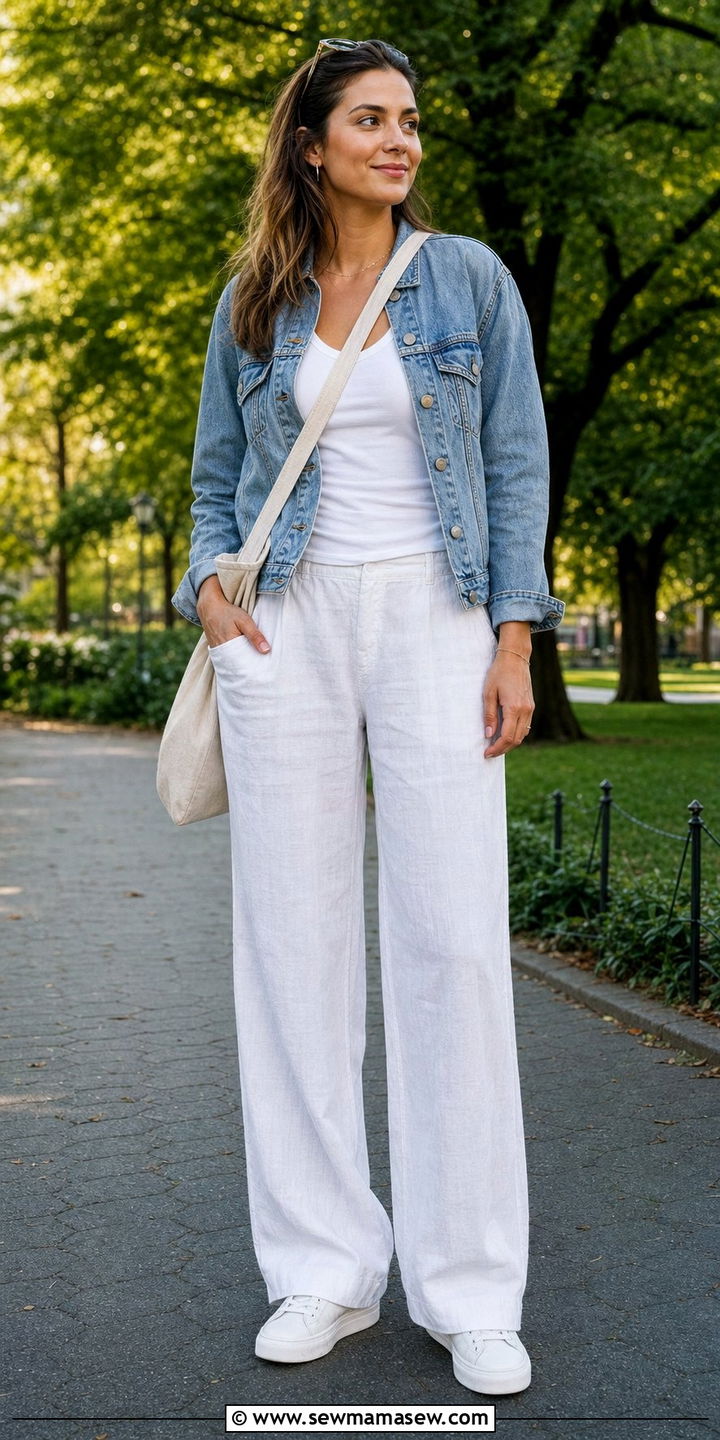 White Linen Pants with Denim Jacket - 25 summer linen pants outfit ideas
