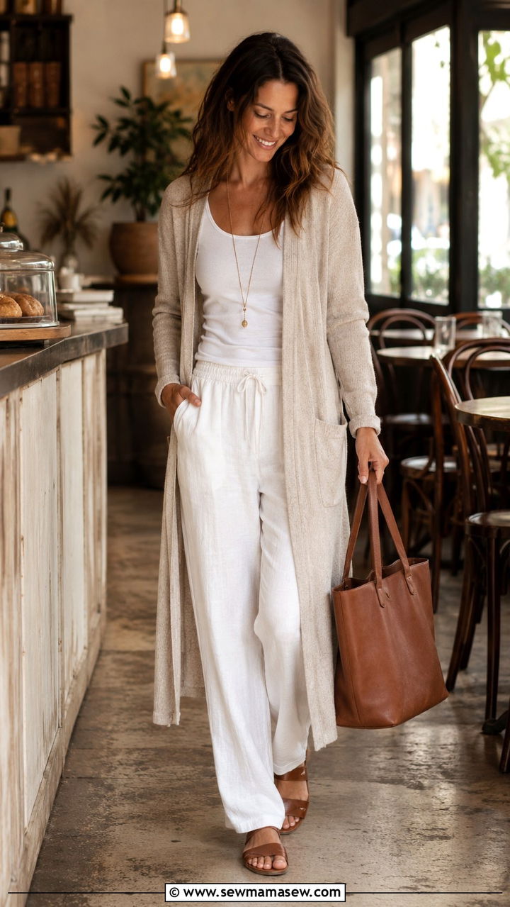 White Linen Pants with Long Cardigan - 25 White linen pants outfit ideas