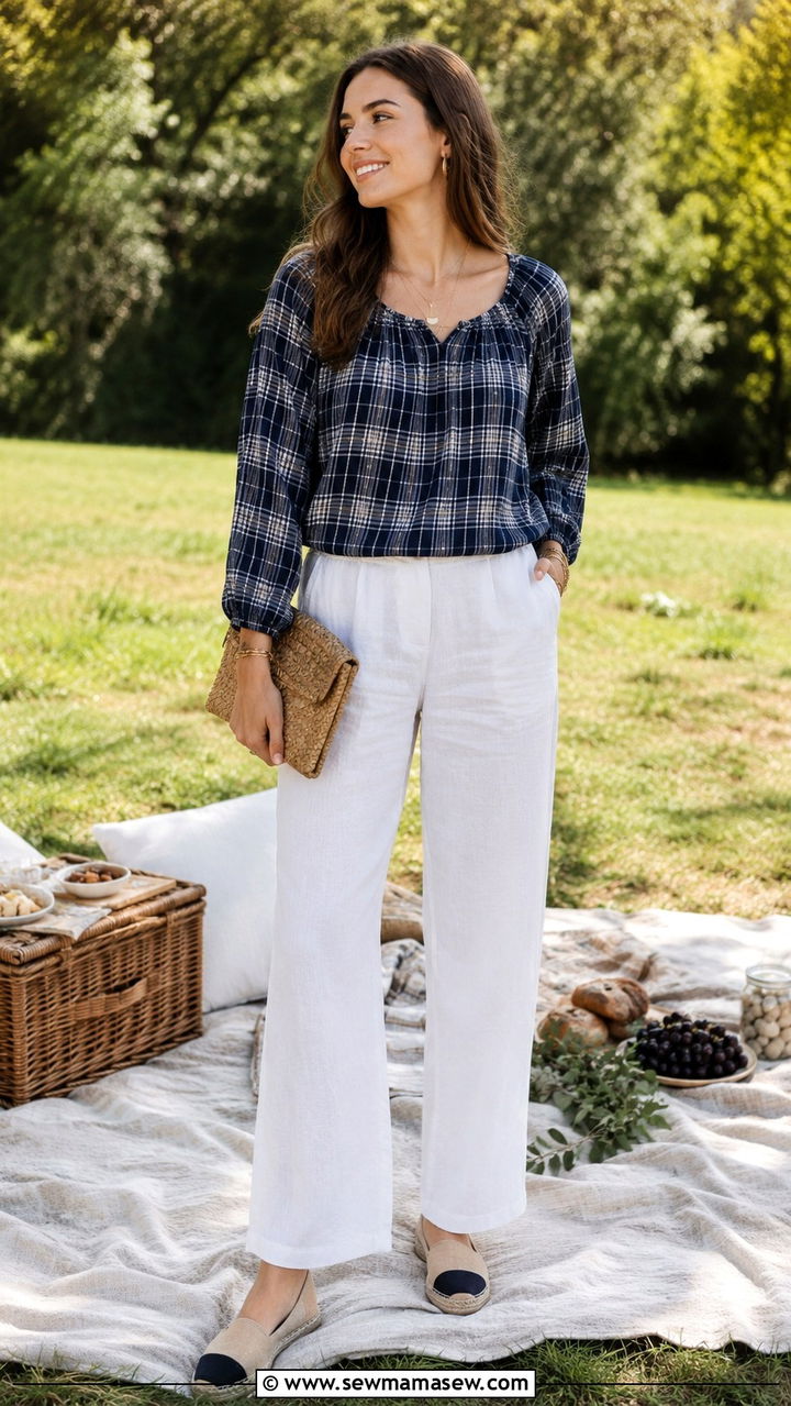 White Linen Pants with Plaid Top - 25 White linen pants outfit ideas