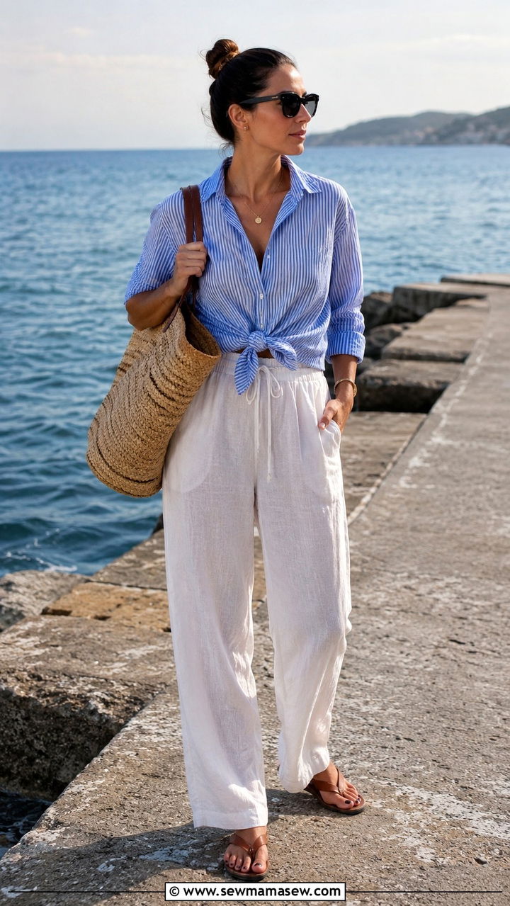 White Linen Pants with Striped Button Down Shirt - 25 White linen pants outfit ideas