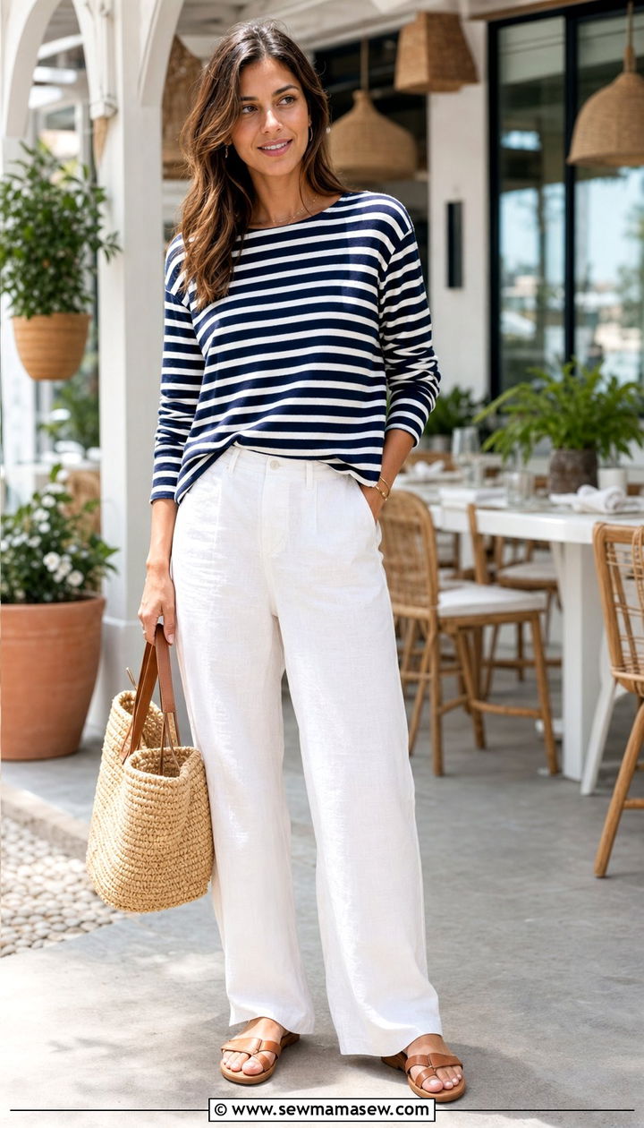 White Linen Pants with Striped Top - 25 summer linen pants outfit ideas