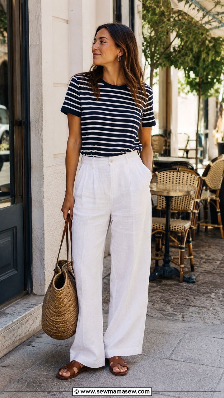 White Linen Pants with Striped Top - 25 White linen pants outfit ideas
