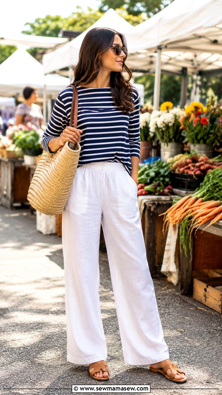 White Linen Pants with Striped Top - 30 how to style linen pants outfits