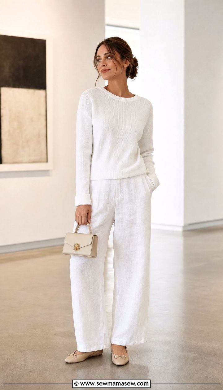 White Linen Pants with White Sweater - 25 summer linen pants outfit ideas