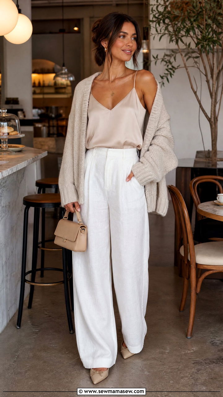 White Linen Pants with a Silk Camisole and a Chunky Cardigan - 25 Brunch outfit ideas with linen pants