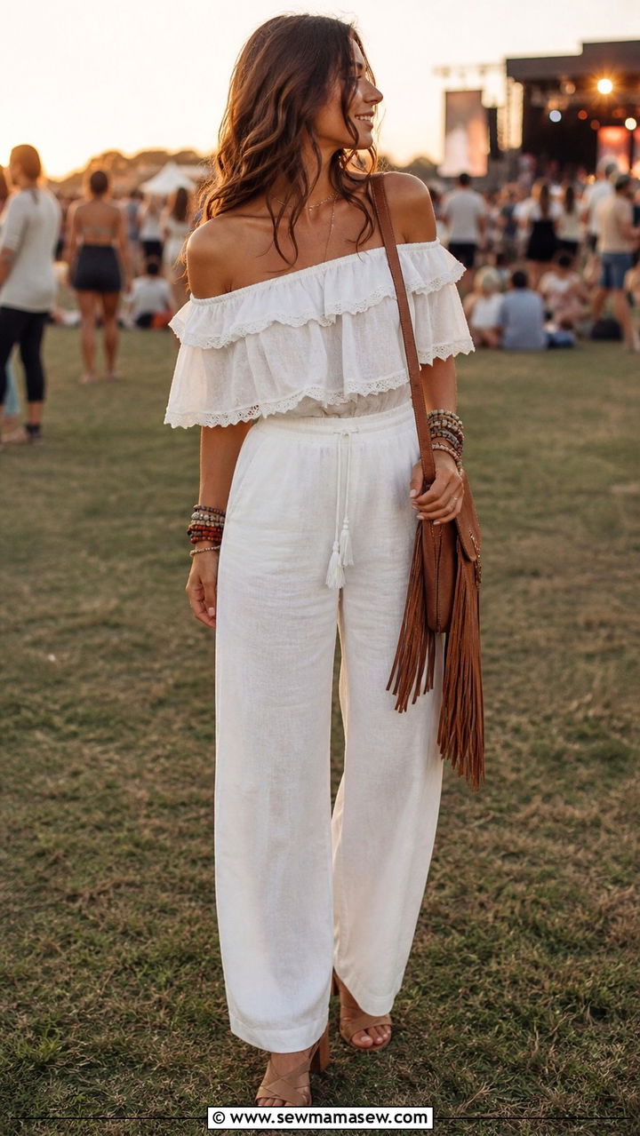 White Linen Pants with an Off Shoulder Boho Blouse and Heeled Sandals - 40 linen pants outfit ideas for women