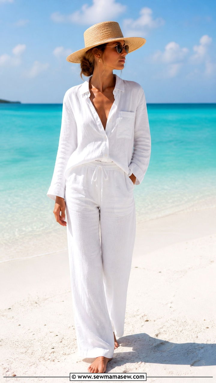 White Linen Set With Straw Hat - 40 What to wear in Mexico