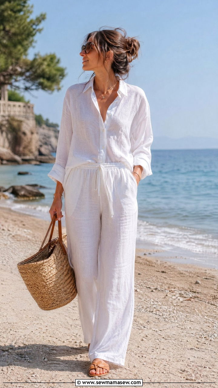 White Linen Set with Straw Bag and Flat Sandals - 35 french girl outfits for women