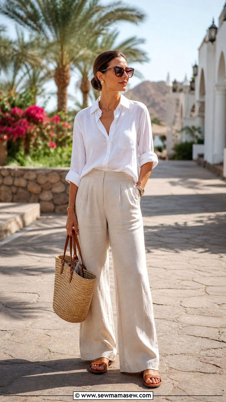White Linen Shirt And Wide Leg Pants Outfit - 40 Sharm El Sheikh outfit ideas