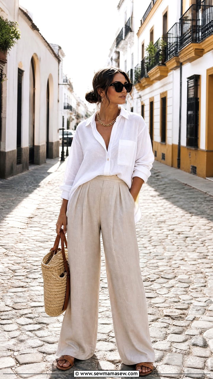 White Linen Shirt And Wide Leg Pants Vacation Outfit - 30 summer vacation chic outfit ideas