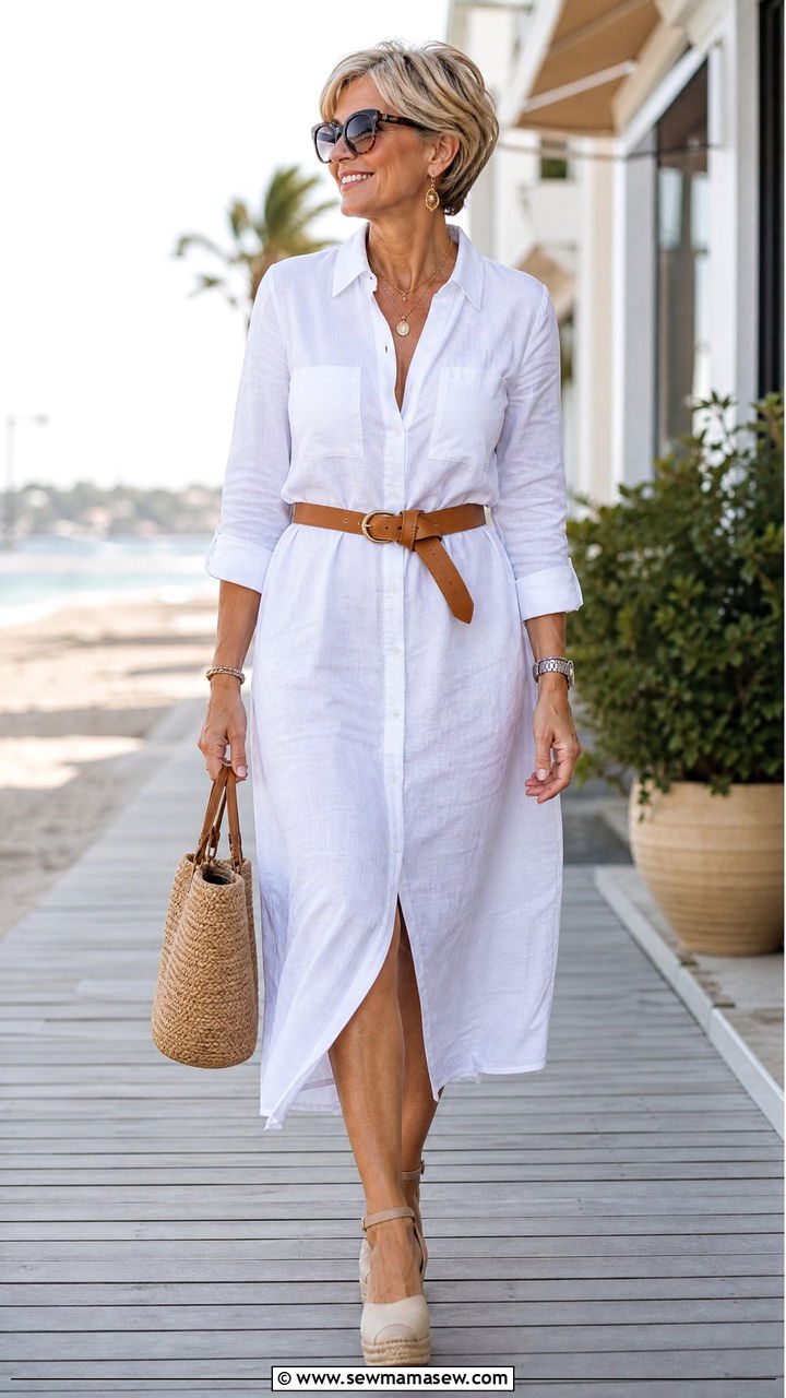 White Linen Shirt Dress With Espadrilles - 25 Birthday outfits for women over 50