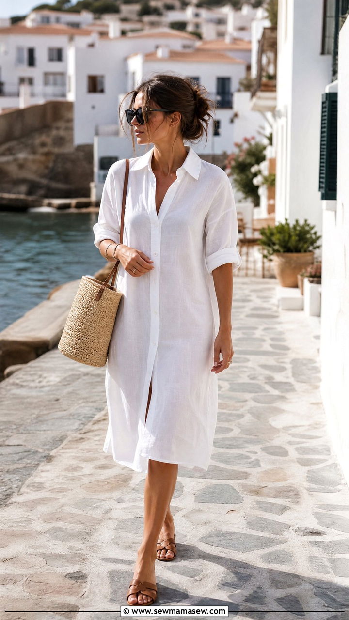 White Linen Shirt Dress with Woven Bag and Flat Sandals - 30 French girl outfit ideas minimalist
