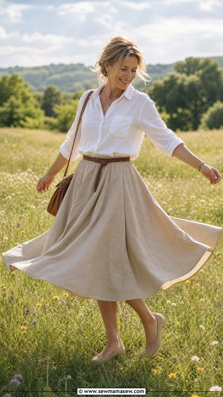 White Linen Shirt Outfit with Midi Circle Skirt and Ballet Flats - 25 light academia outfit ideas for women over 40