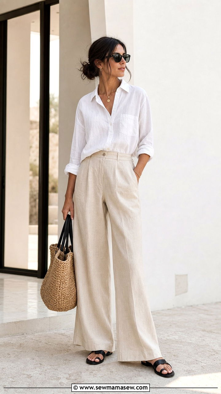 White Linen Shirt With Beige Linen Pants Monochrome Outfit - 25 Summer 10 piece capsule wardrobe