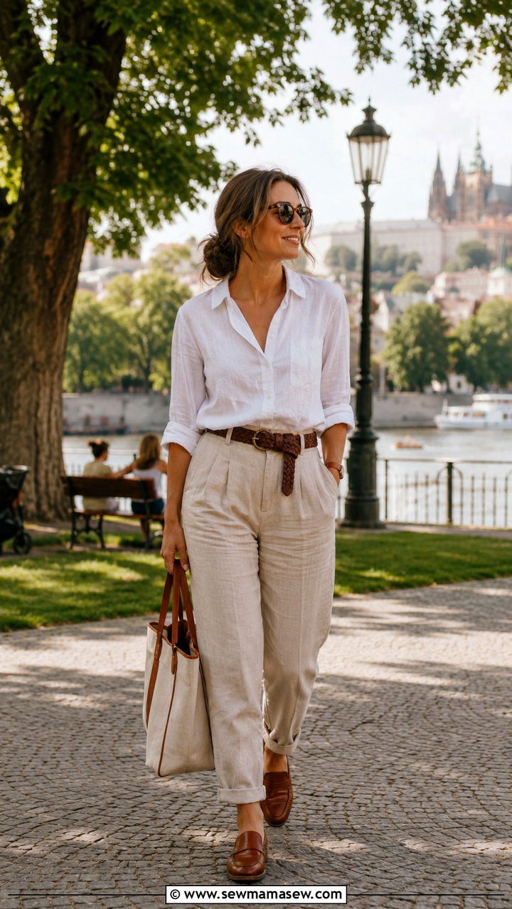 White Linen Shirt With Beige Trousers and Loafers Outfit - 25 Prague outfit ideas