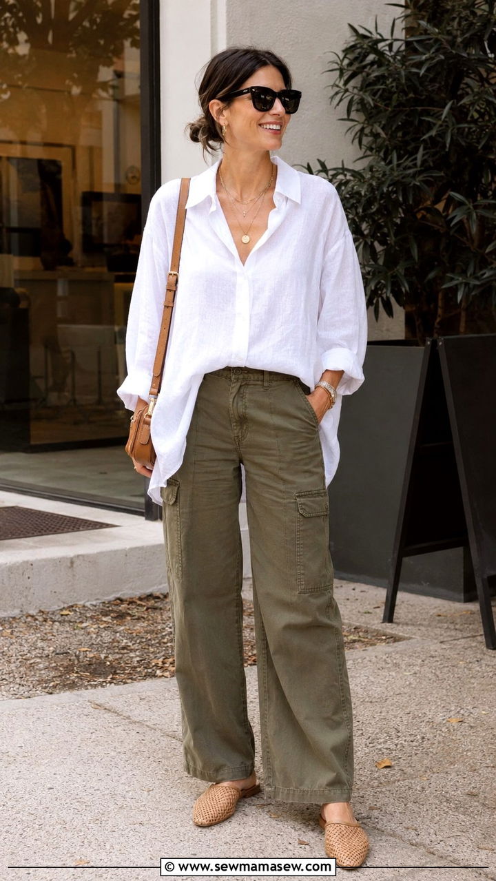 White Linen Shirt With Olive Trousers - 30 Late April outfit ideas