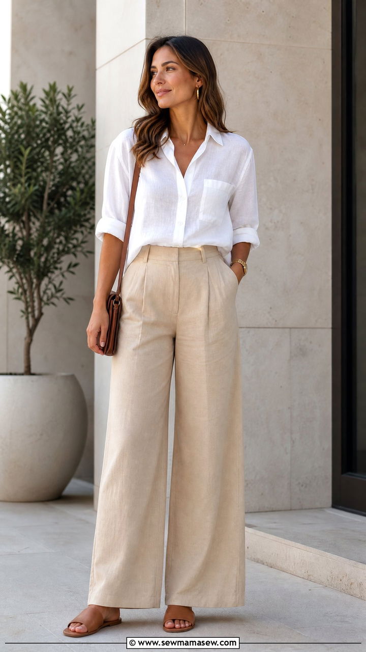 White Linen Shirt and Beige Wide Leg Pants - 30 summer modest outfit ideas