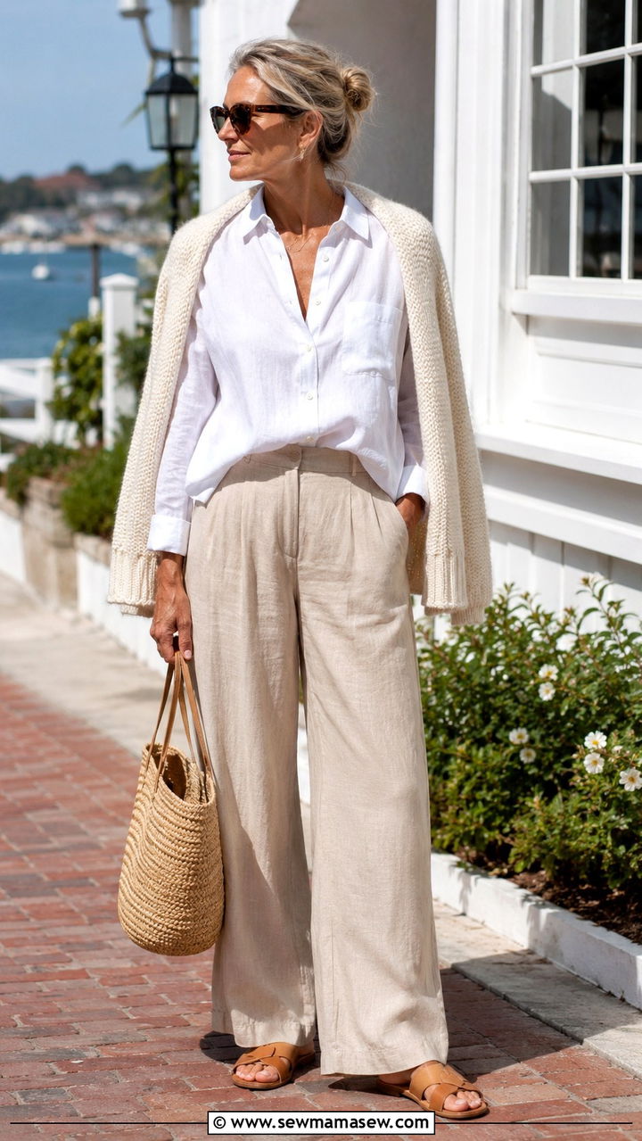 White Linen Shirt and Beige Wide Leg Trousers - 20 coastal grandmother outfits to copy