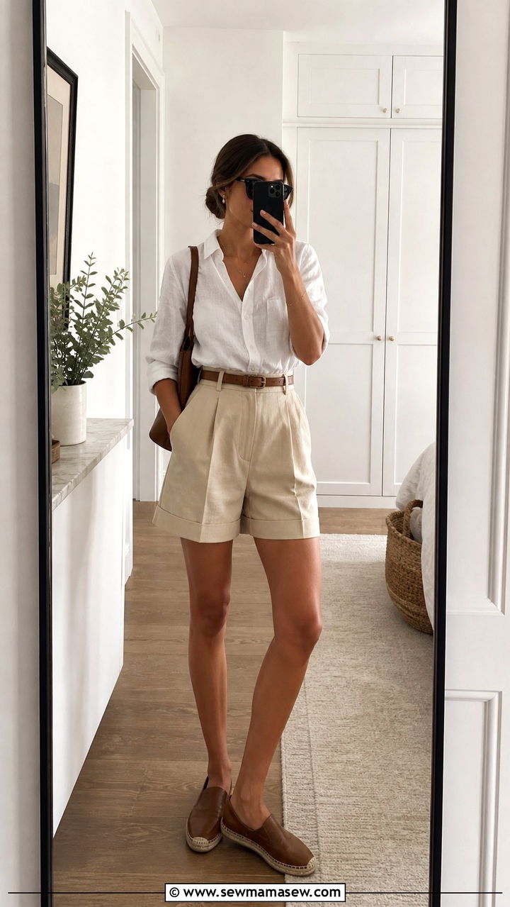 White Linen Shirt and Tailored Beige Shorts - 40 summer old money outfits