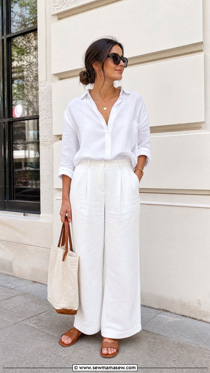 White Linen Shirt and Wide Leg Pants Outfit - 30 Summer white outfit ideas