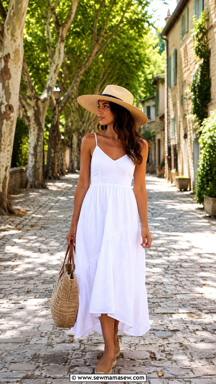 White Linen Sundress With Straw Hat And Espadrilles - 25 Provence outfit ideas