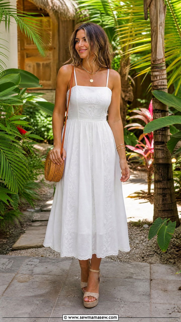 White Linen Sundress With Woven Wedges - 35 Hawaii summer outfit ideas