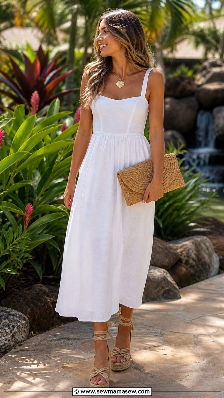 White Linen Sundress and Woven Wedges Hawaii Look - 40 What to wear in Hawaii