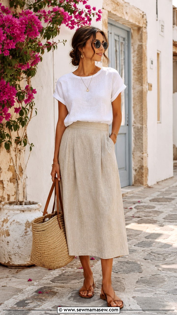 White Linen Tee with Linen Midi Skirt - 30 Midi skirt outfit ideas with a tee