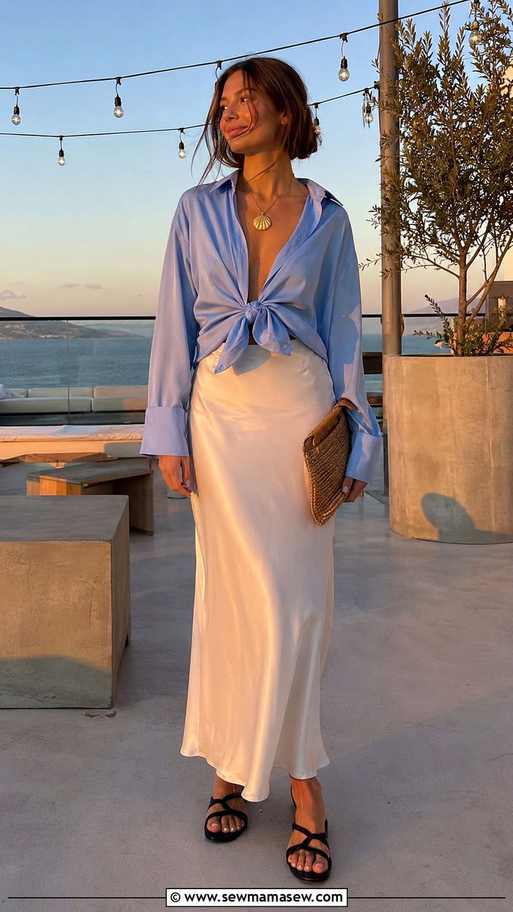 White Linen Tiered Maxi Skirt With Blue Knit Tube Top Outfit - 20 Coastal granddaughter outfit ideas summer