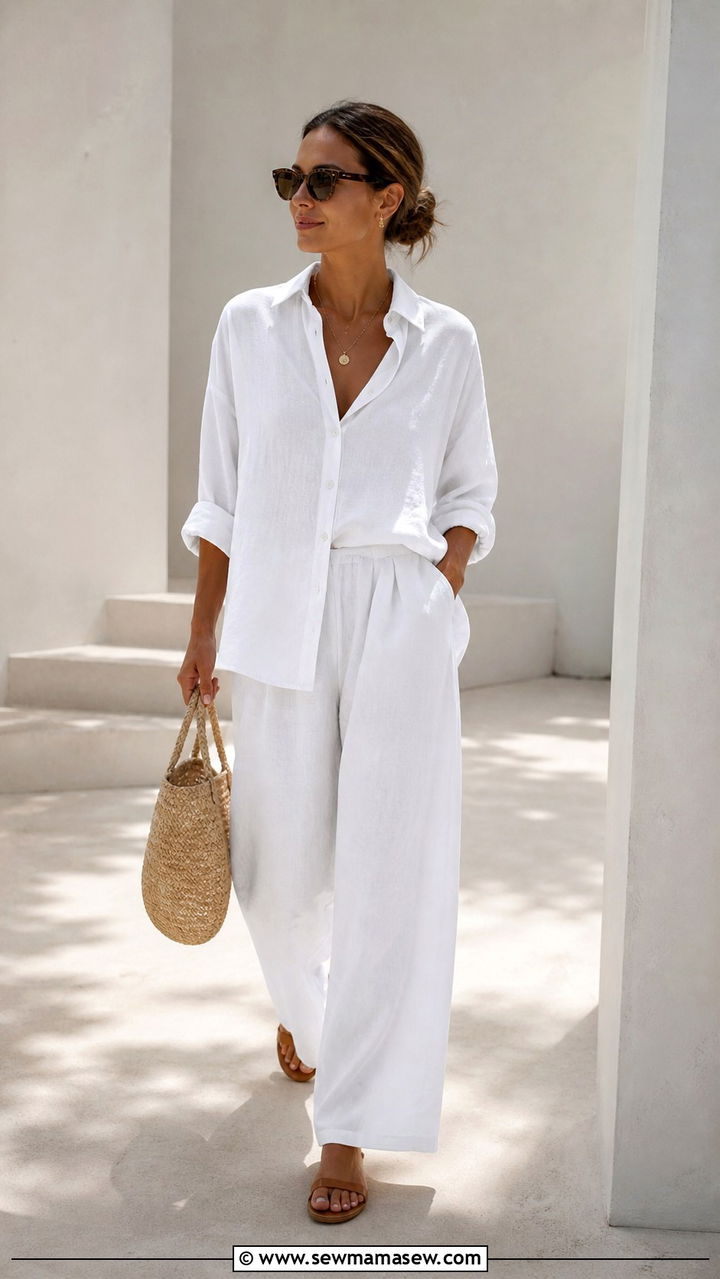 White Linen Trousers With A Crisp Cotton Button Down - 40 summer scandinavian outfits