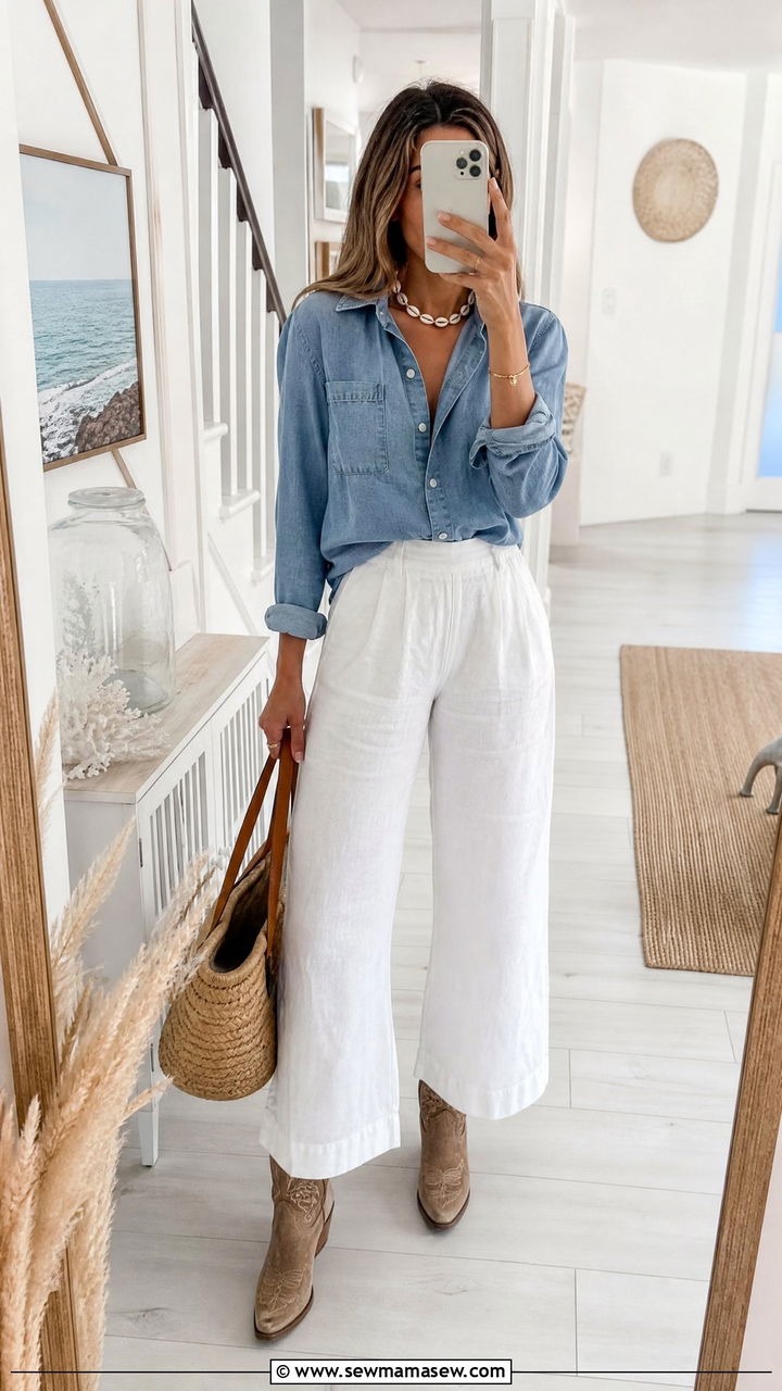 White Linen Trousers With Chambray Shirt And Tan Accessories - 25 classy coastal cowgirl outfit ideas