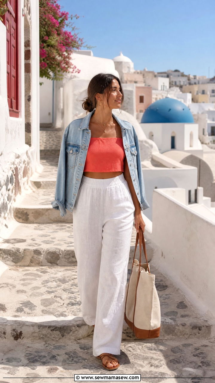 White Linen Trousers and Crop Top with Denim Jacket - 40 Santorini outfit ideas