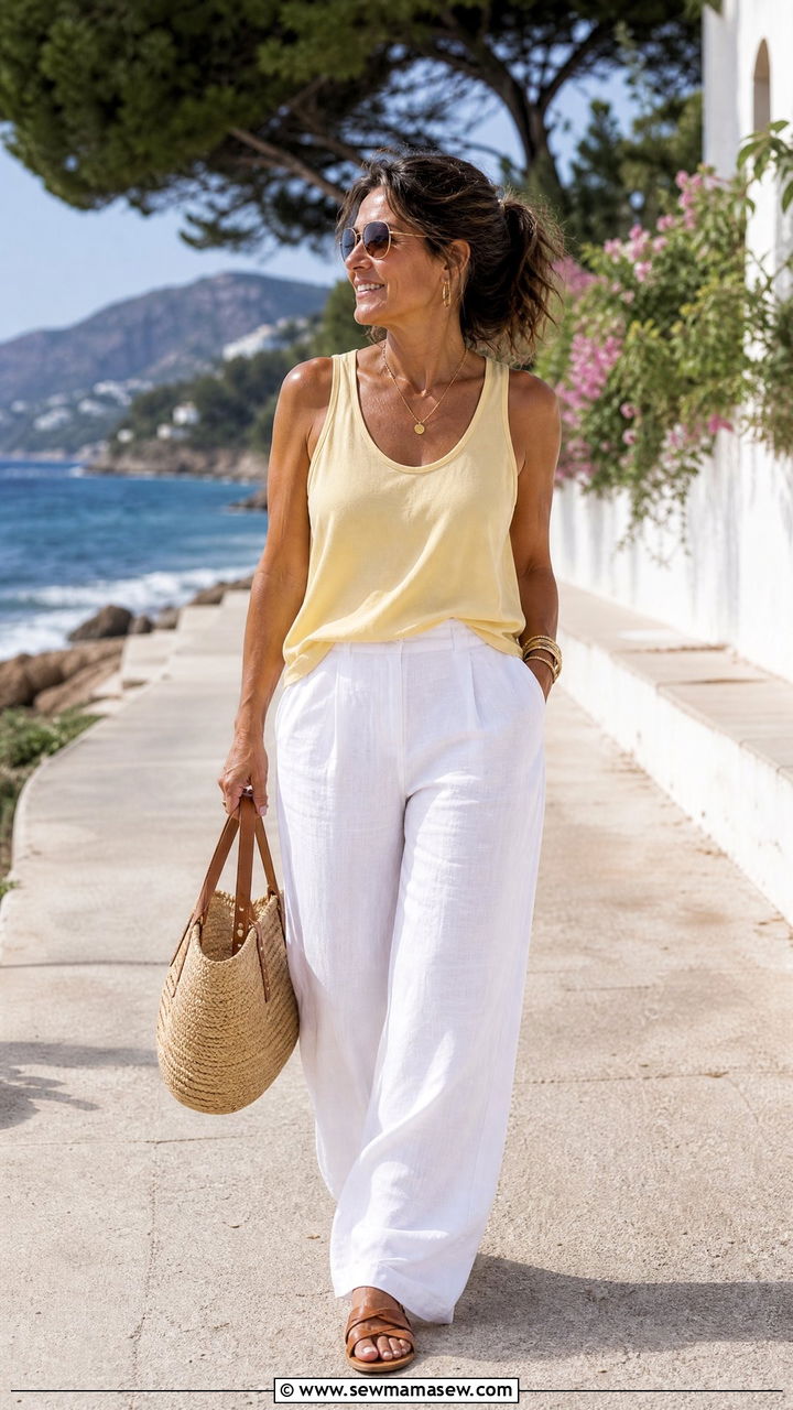 White Linen Trousers with a Soft Tank - 35 Minimalist outfit ideas for women over 40