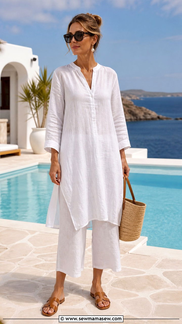White Linen Tunic And Cropped Linen Pants - 40 summer coastal grandmother outfits