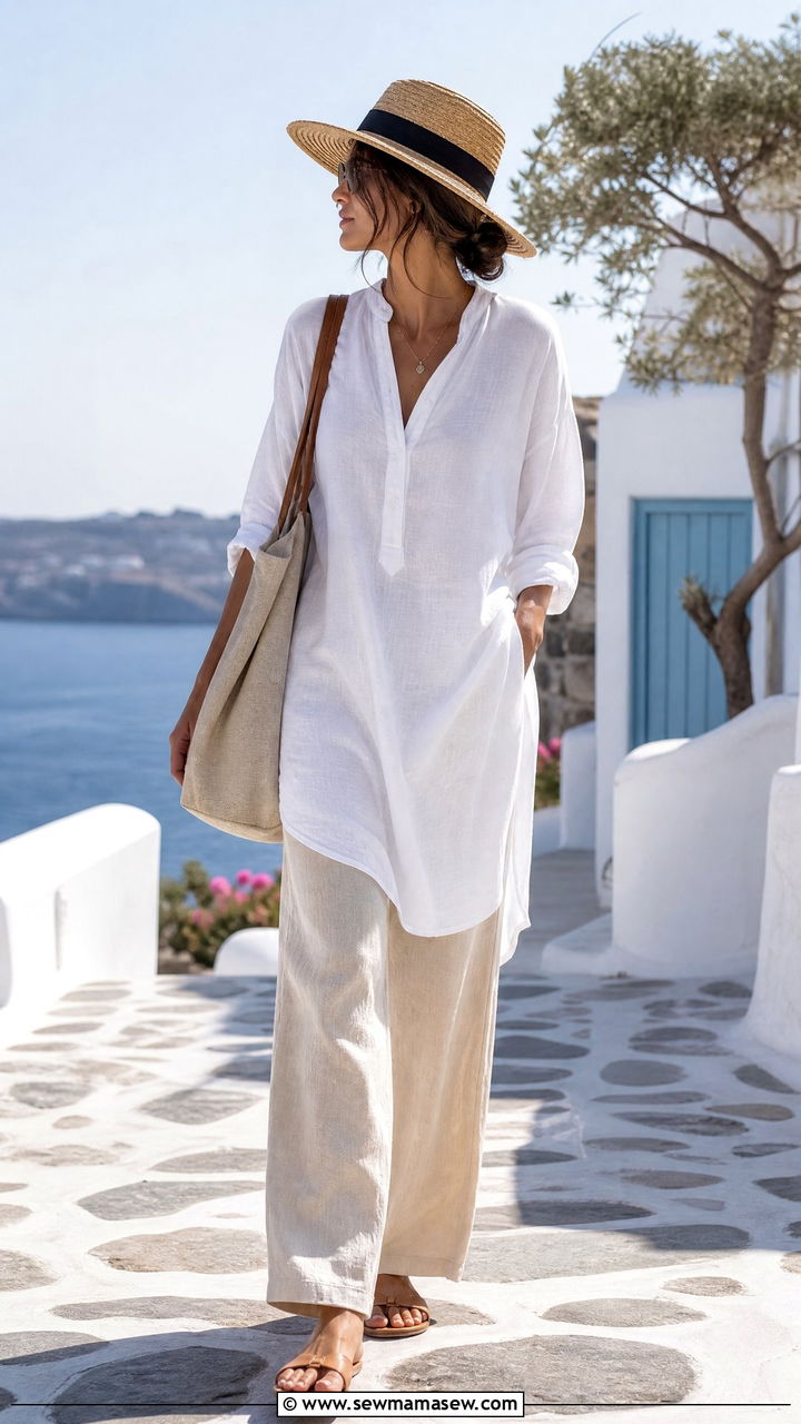 White Linen Tunic With Wide Leg Pants - 30 modest classy outfits 2026