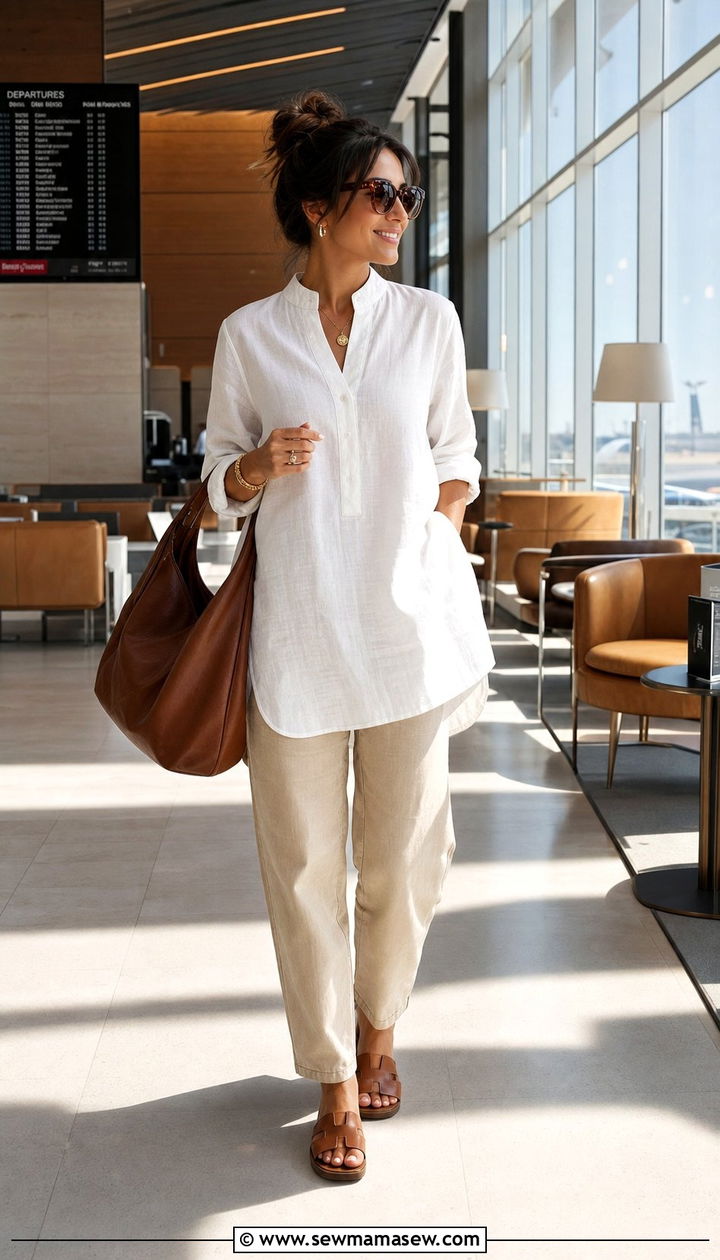 White Linen Tunic and Beige Canvas Trousers Outfit - 25 Summer outfits in neutral