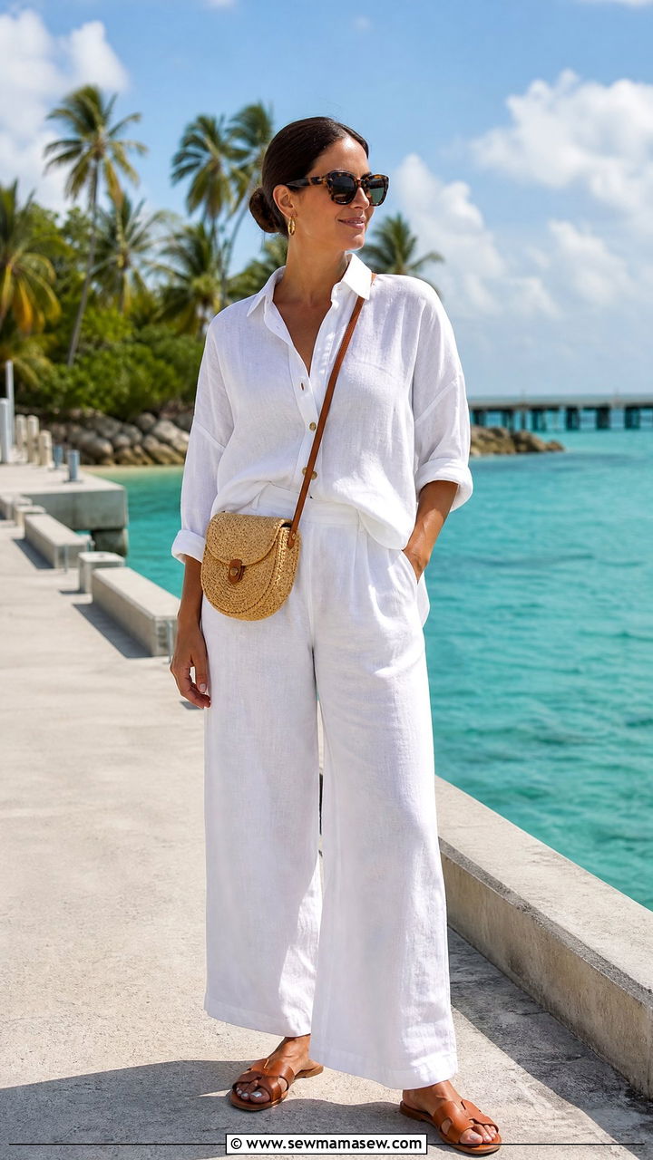 White Linen Two Piece Set With Flat Sandals For Caribbean Excursions - 30 Cruise excursion outfit ideas