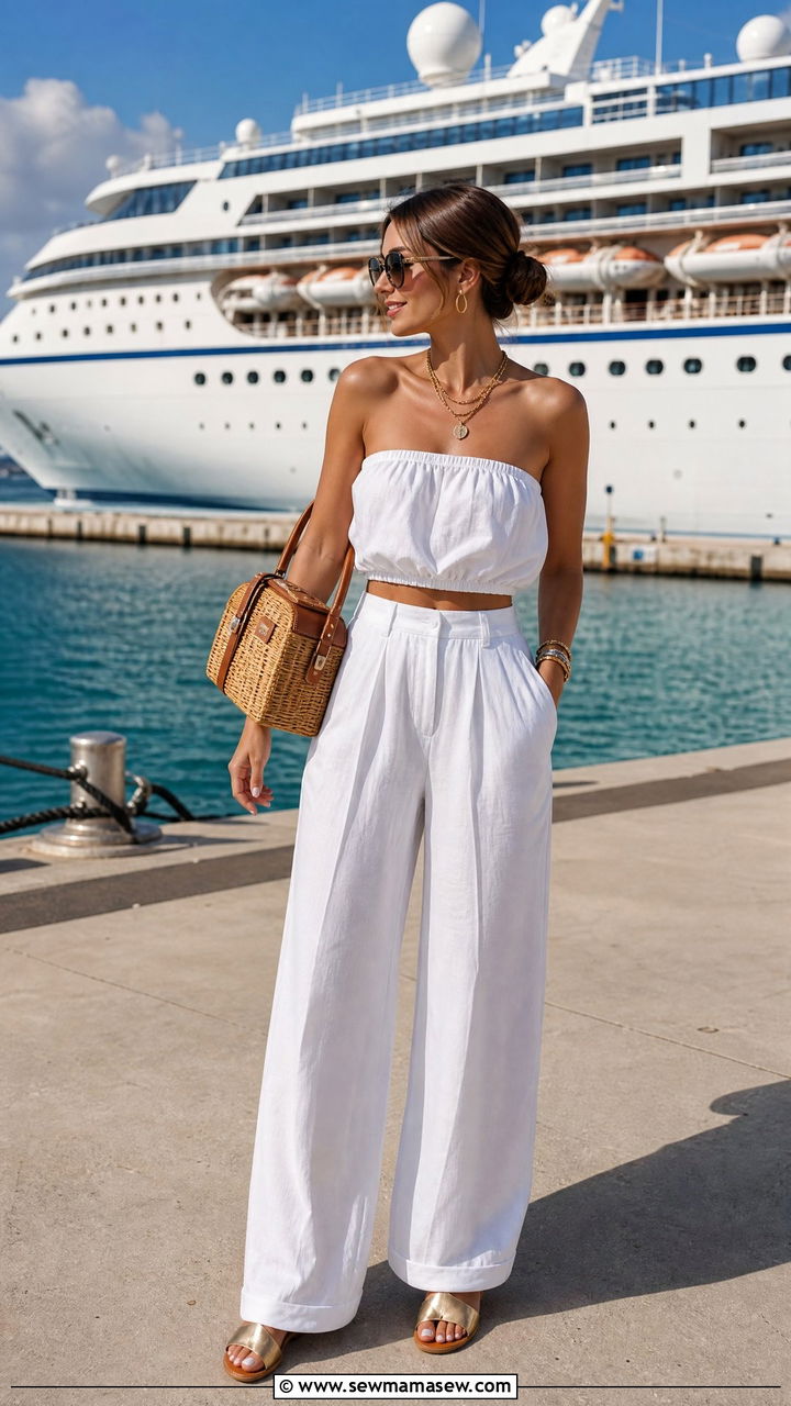 White Linen Two Piece Set With Metallic Sandals - 30 Cruise embarkation outfit ideas