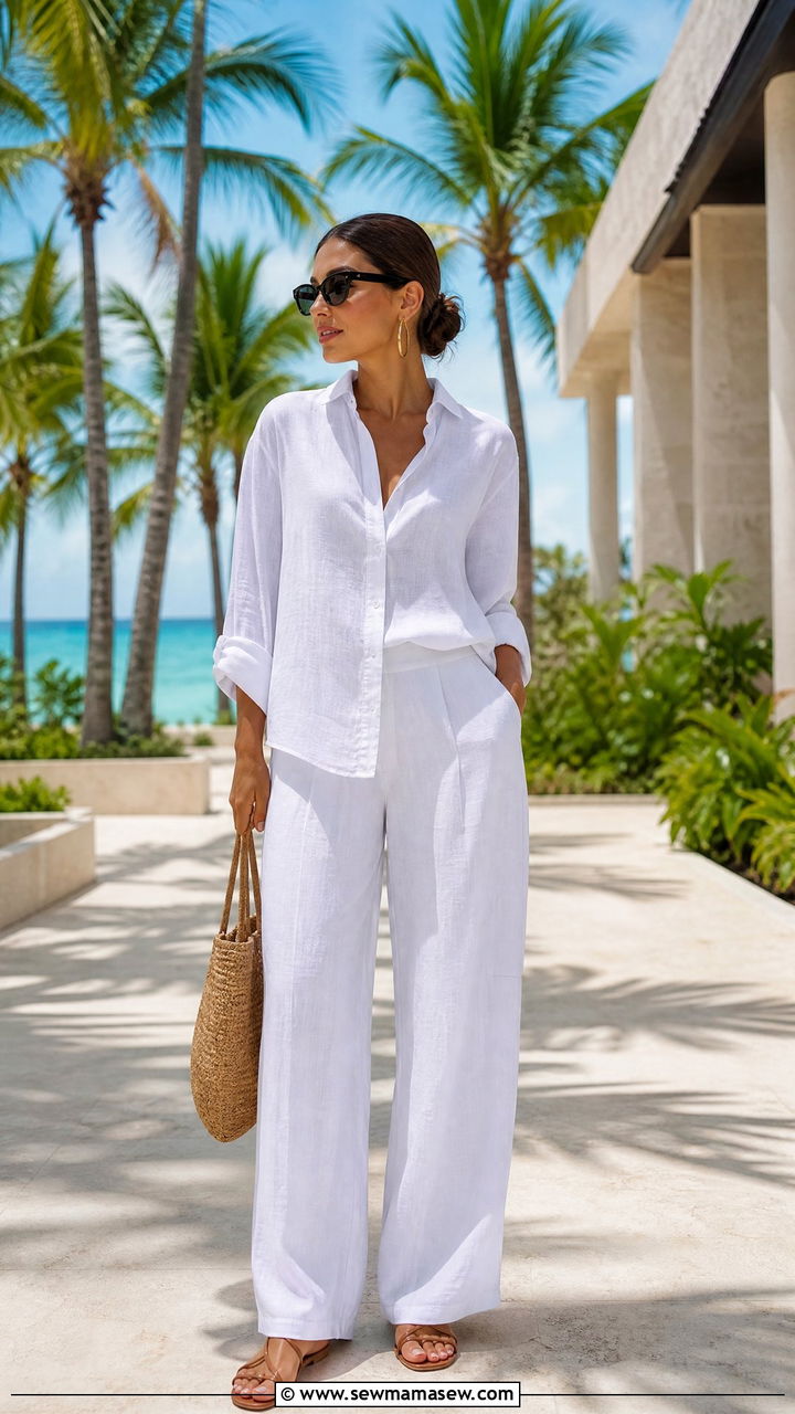 White Linen Two Piece Set With Strappy Sandals - 40 What to wear in Punta Cana