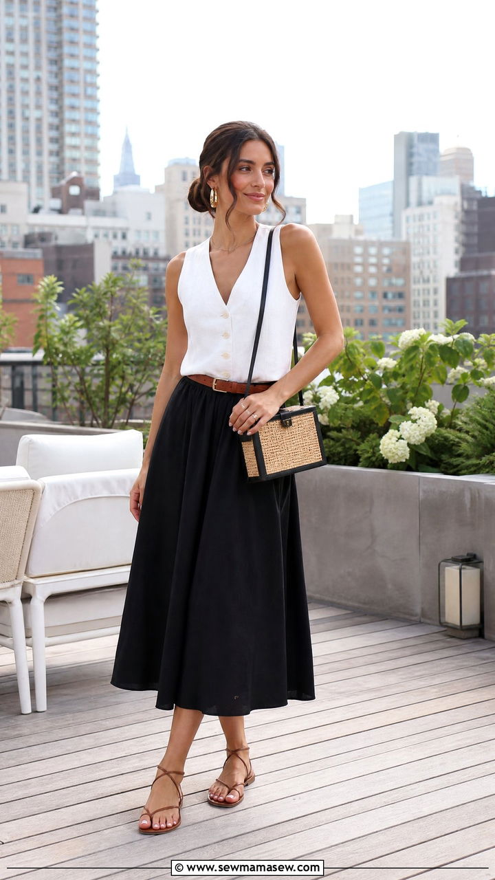 White Linen Vest And Black Midi Skirt With Straw Bag - 30 Summer outfits with crossbody bags