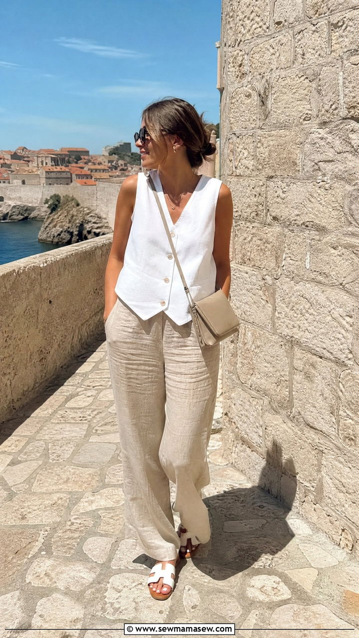 White Linen Vest with Beige Linen Trousers - 30 summer lightweight outfit ideas